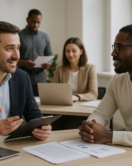 Munkaerő kölcsönzés: dinamikus munkahelyi csapat együttműködés közben.