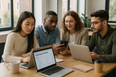 Fiatalok online álláslehetőségeket keresnek modern coworking irodában