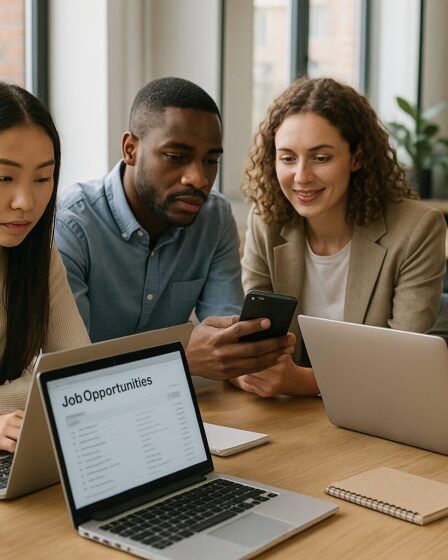 Fiatalok online álláslehetőségeket keresnek modern coworking irodában