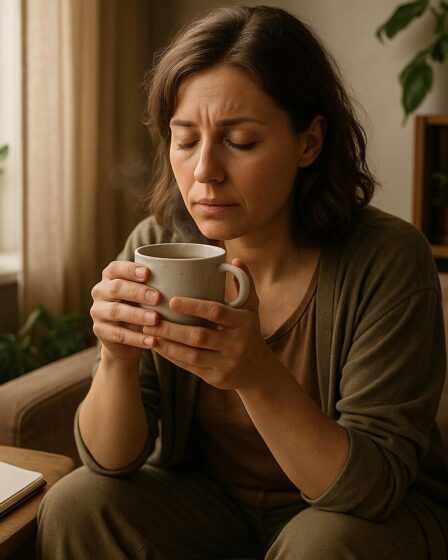 Fiatal nő idegi kimerültség és stressz esetén gyógynövényes teával pihenve.