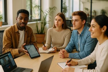 Fiatalok pályakezdők munkaerő-kölcsönzése közben modern, együttműködő irodában.