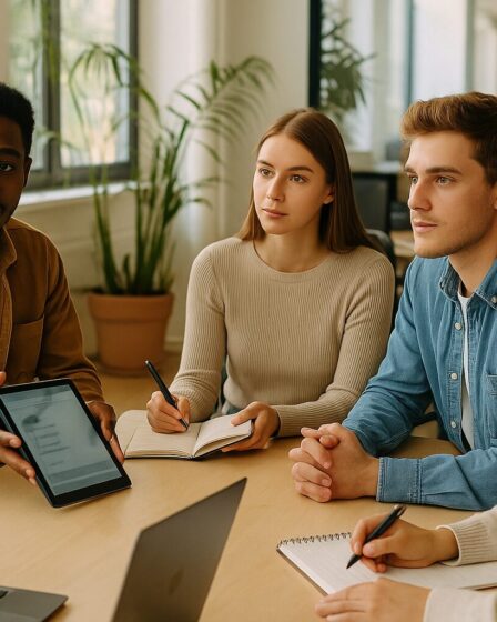 Fiatalok pályakezdők munkaerő-kölcsönzése közben modern, együttműködő irodában.