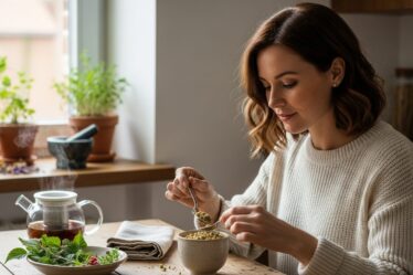 gyógynövényes gyulladáscsökkentés — nő kamillát és málnalevelet készít teához