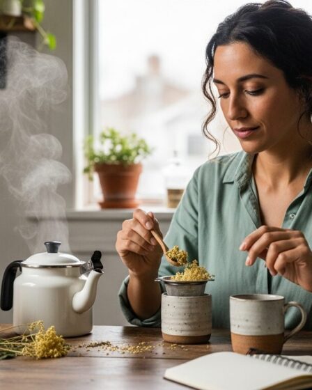 Nő készít gyógynövényteát a menstruációs ciklus támogatására
