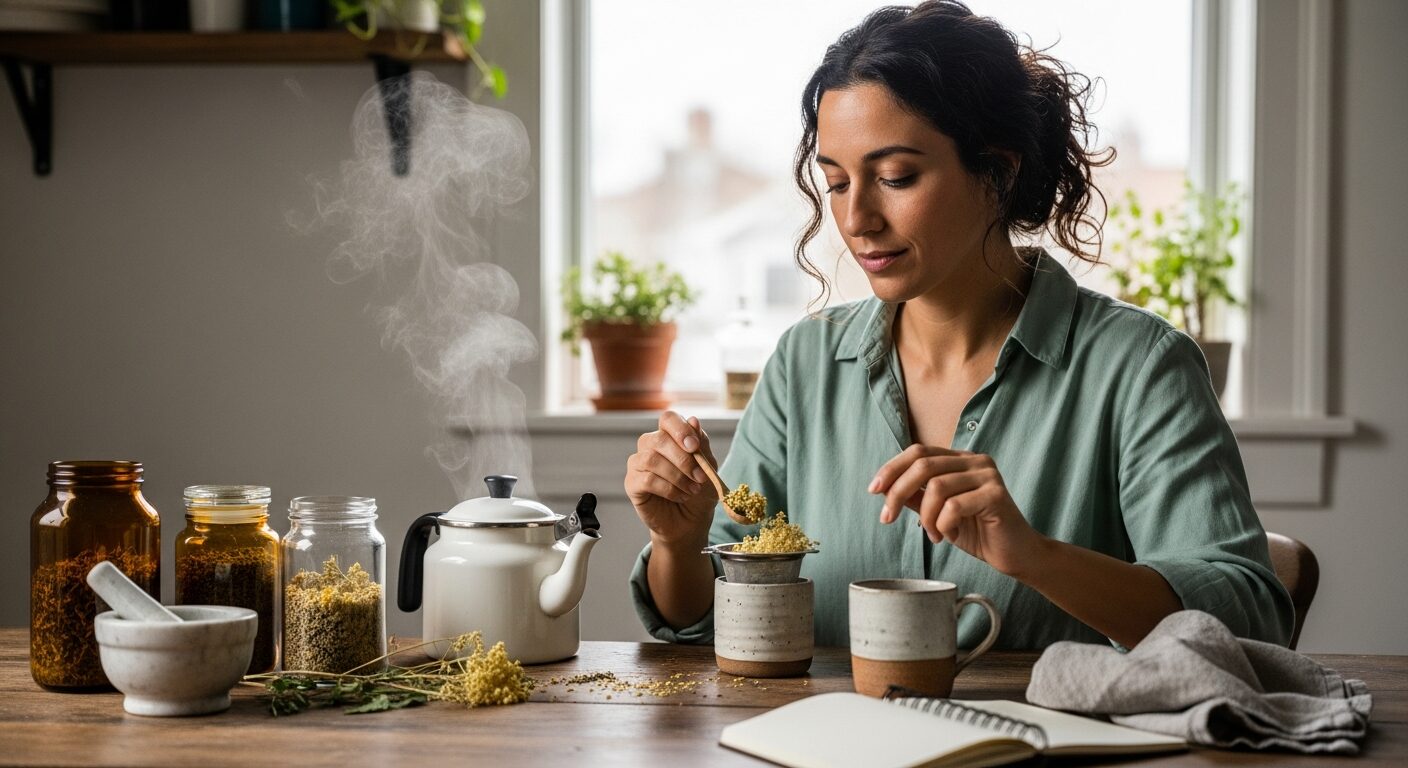 Nő készít gyógynövényteát a menstruációs ciklus támogatására