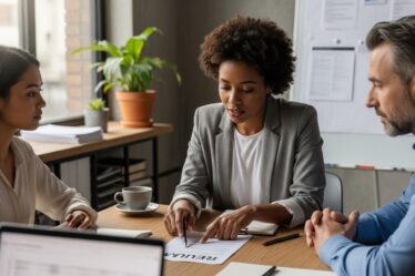 Munkaerő-közvetítés: tanácsadó bemutatja önéletrajzokat felvételi megbeszélésen