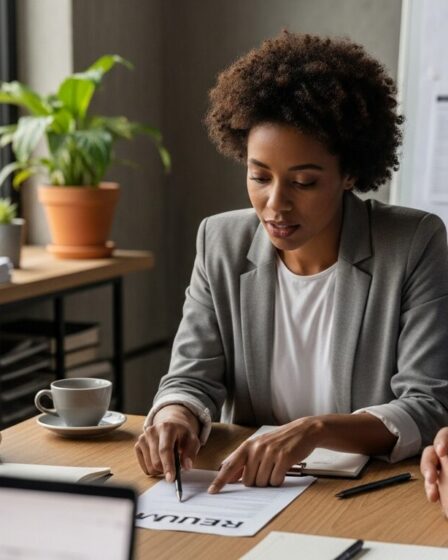 Munkaerő-közvetítés: tanácsadó bemutatja önéletrajzokat felvételi megbeszélésen