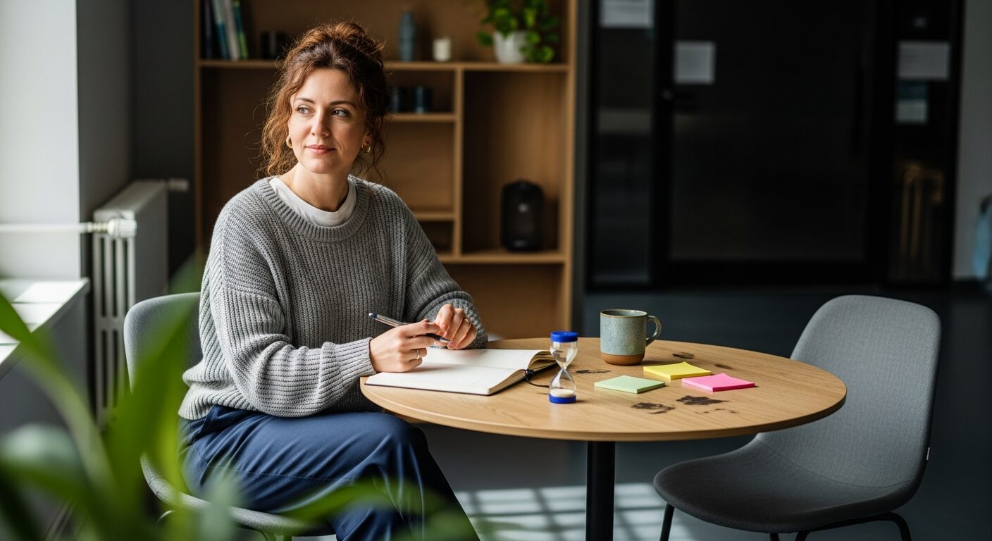 pszichológiai készségfejlesztés: nő jegyzetel otthoni műhely asztalnál, homokóra, matricák