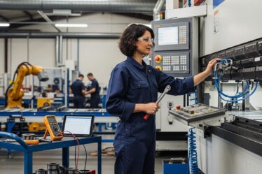 termelőgépek karbantartása: női karbantartó nyitott vezérlőpanelnél