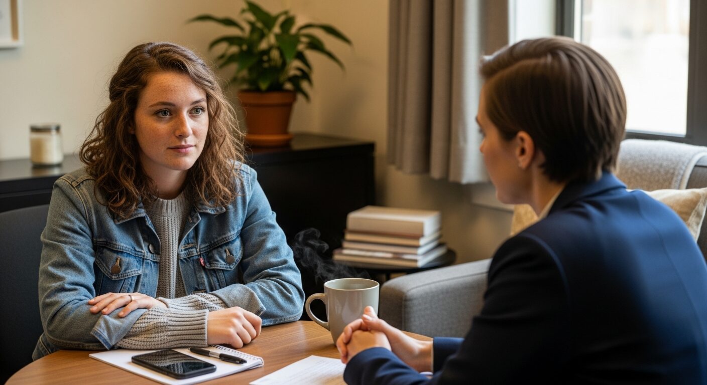 Fiatal nő és szakember egy pszichológiai segítő beszélgetés közben