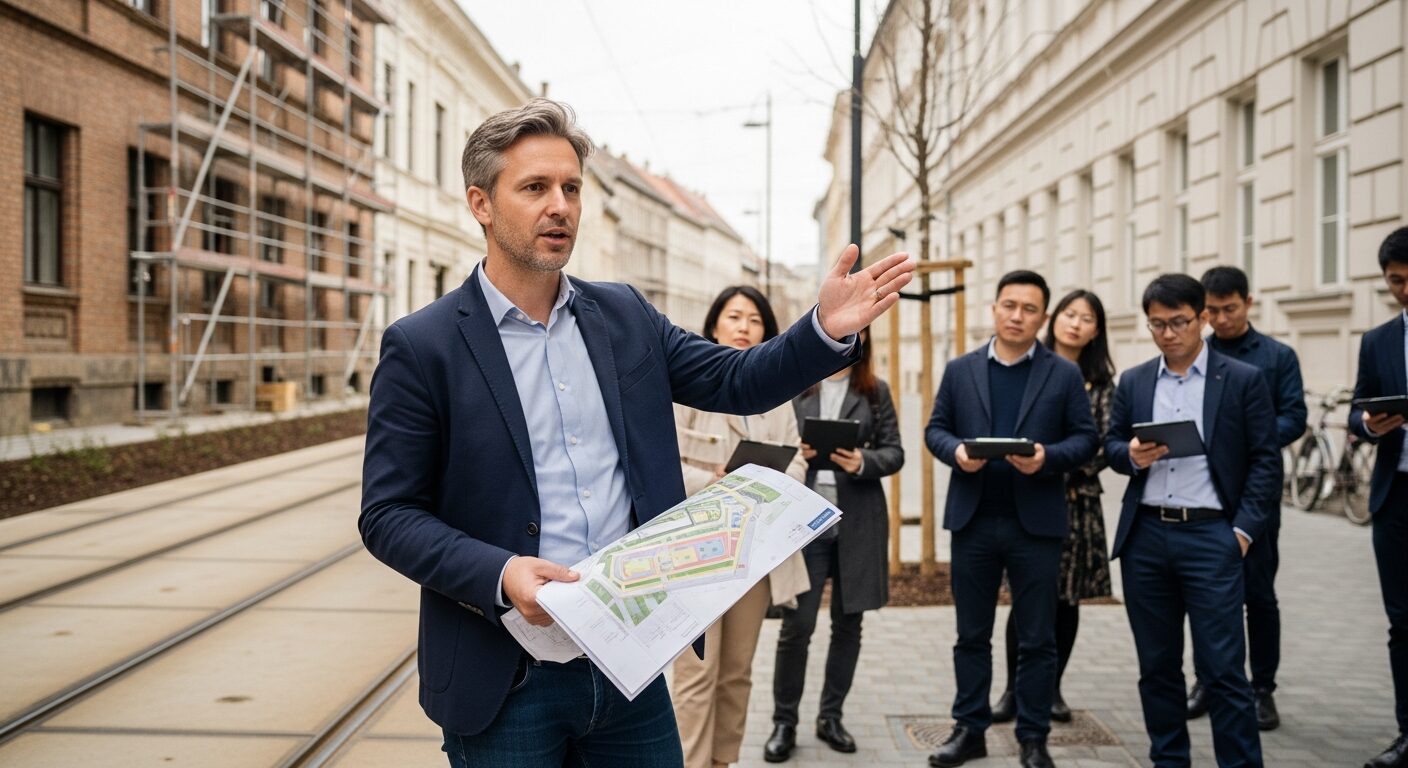 városrehabilitáció budapesten: várostervező magyaráz helyszínen