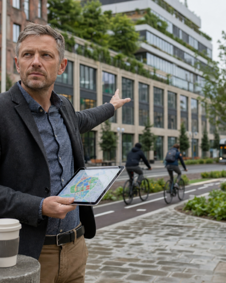 okos város (smart city) pilot: városfejlesztő tablettel, felújított belvárosi tömb háttérben