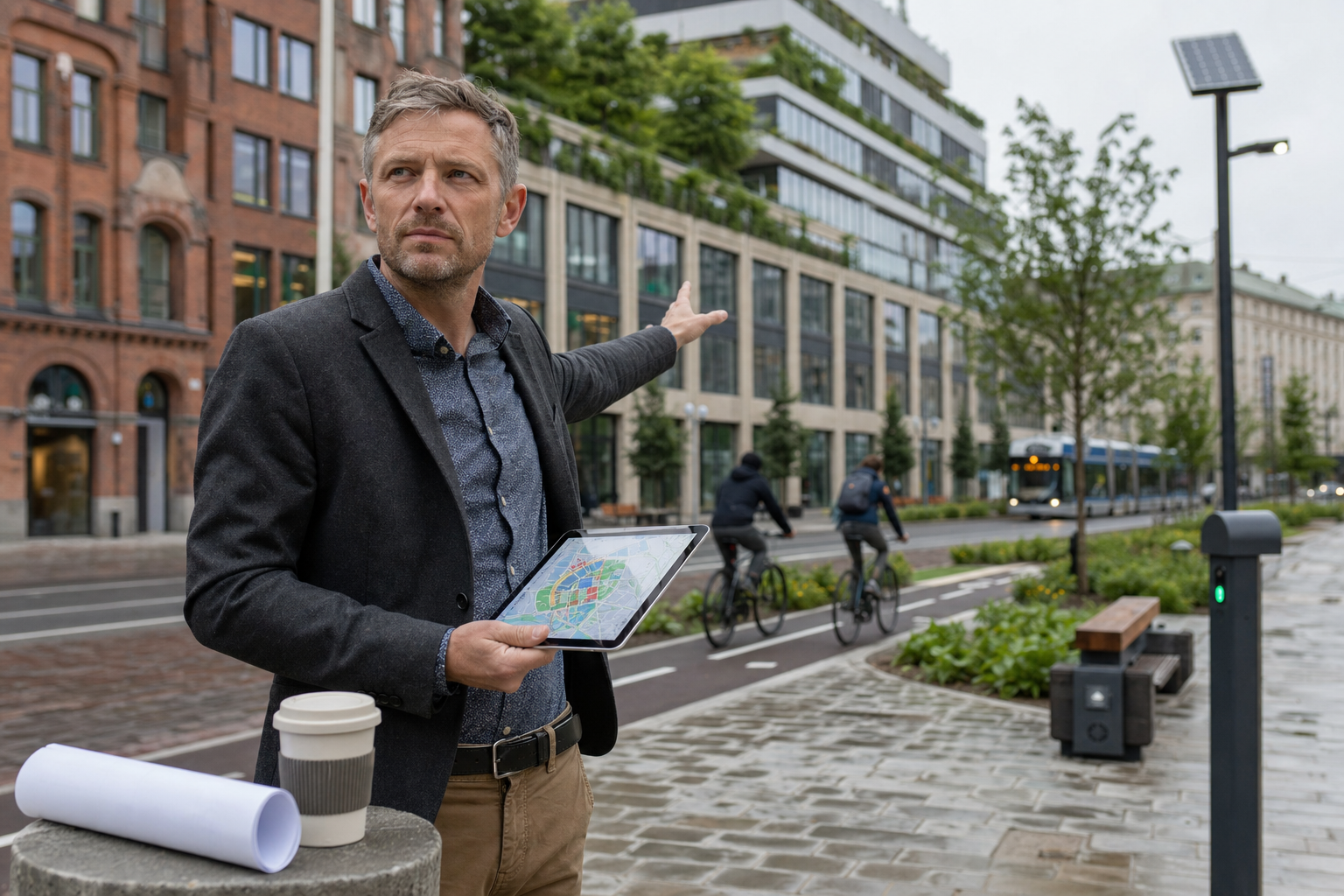 okos város (smart city) pilot: városfejlesztő tablettel, felújított belvárosi tömb háttérben