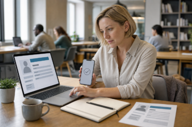 Nő coworking irodában laptopon önéletrajz készítő alkalmazás használatával