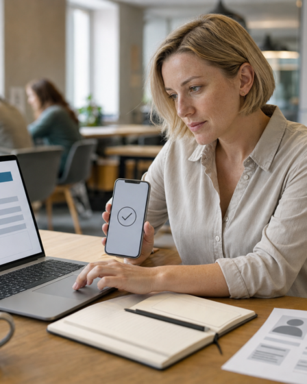 Nő coworking irodában laptopon önéletrajz készítő alkalmazás használatával