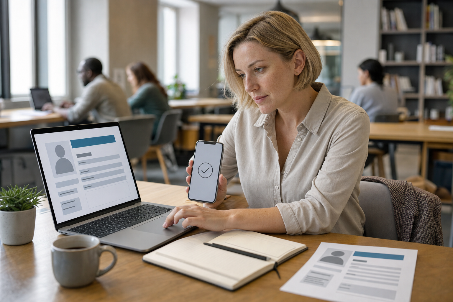 Nő coworking irodában laptopon önéletrajz készítő alkalmazás használatával
